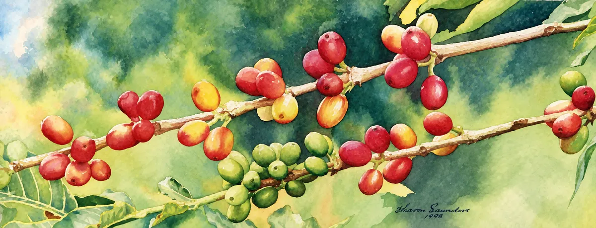 A painting of ripening coffee berries among green leaves.